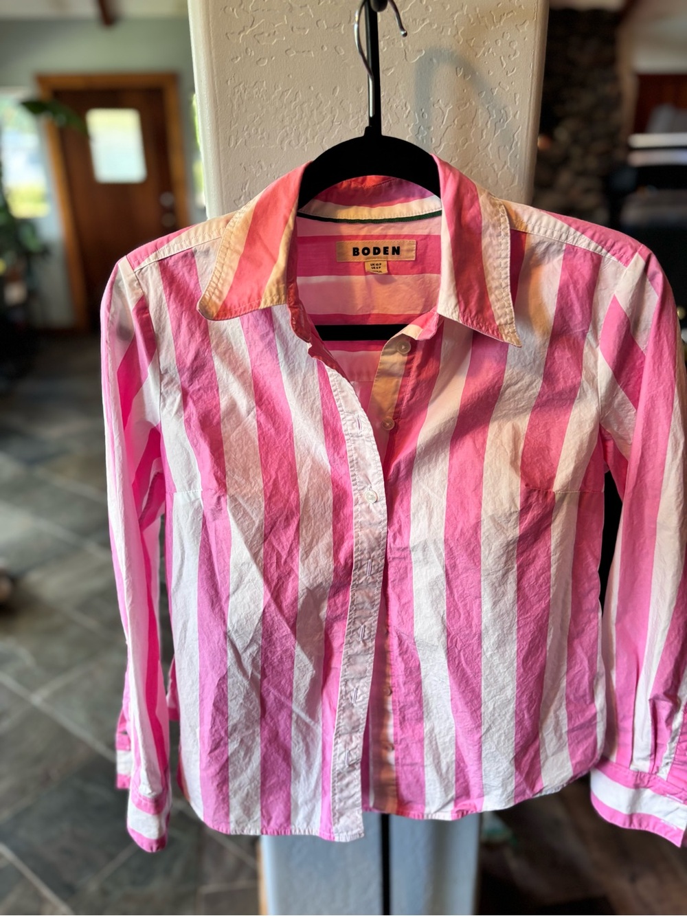 Boden Pink White Wide Stripe Cotton Button Down Shirt Womens Sz 6 P